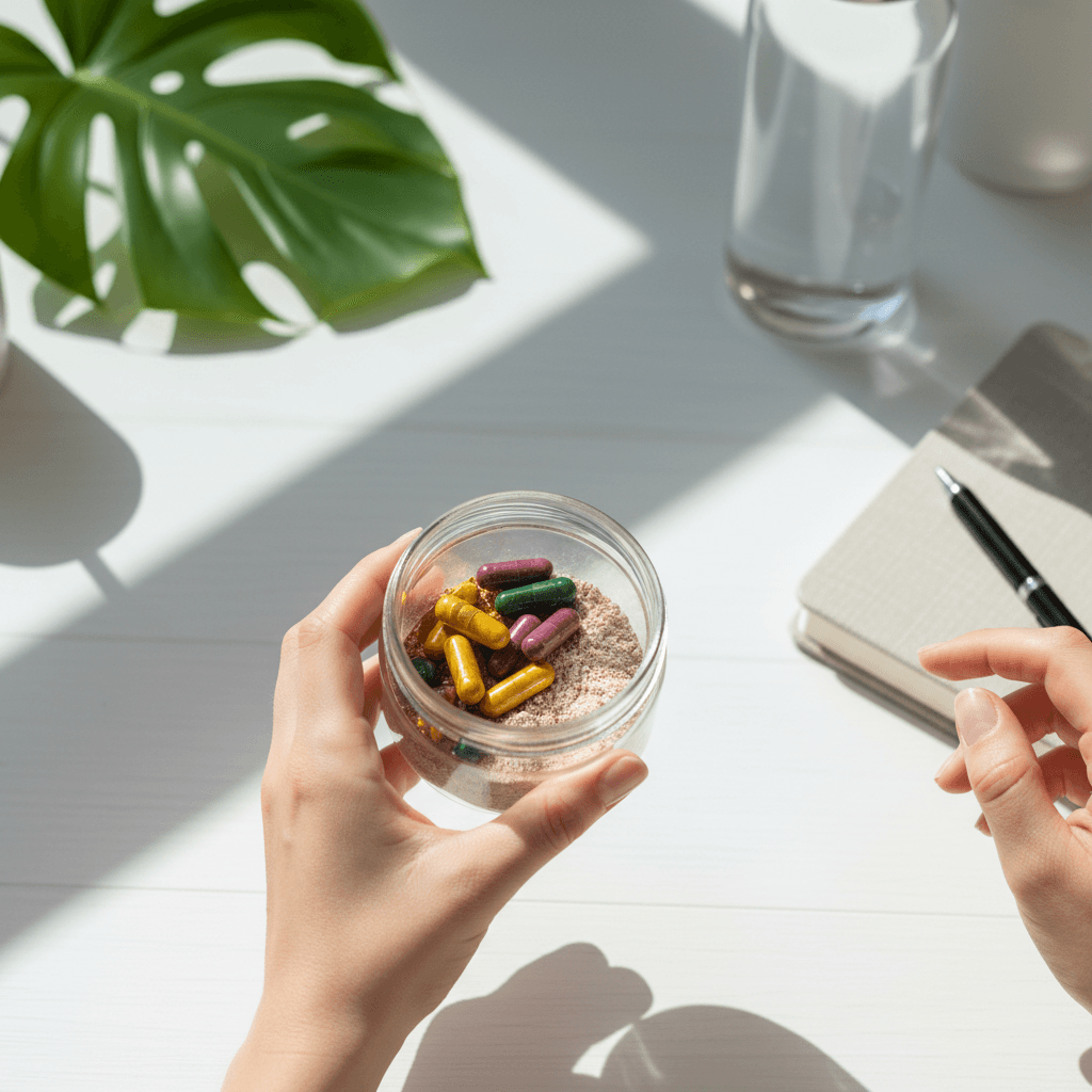 Person holding a wellness supplement jar in a bright kitchen