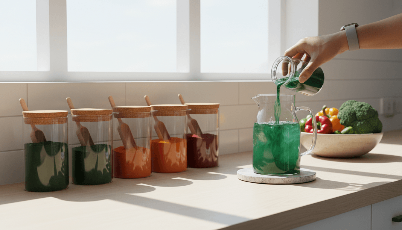 Person pouring supplement powder into glass of water in bright modern kitchen with natural light