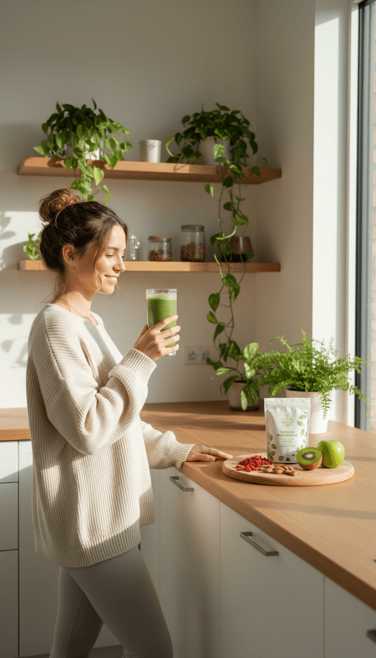 Person holding a green smoothie in a bright modern kitchen