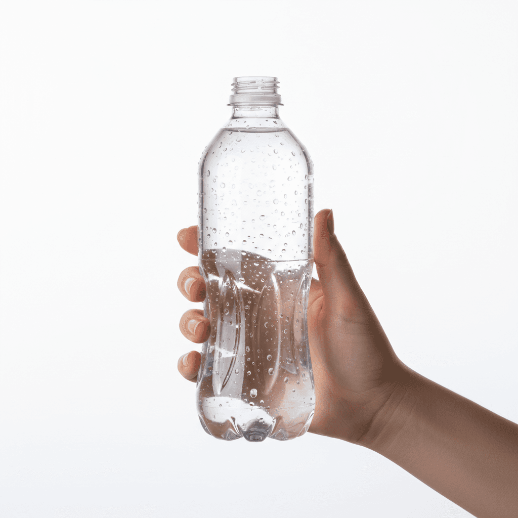 person holding clear water bottle with fresh green leaves in natural daylight
