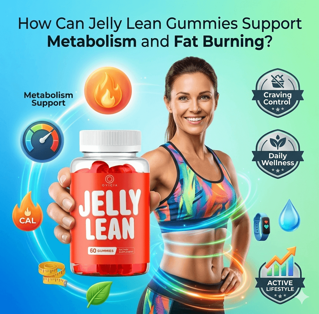 Smiling woman holding Jelly Lean gummies bottle with icons for metabolism and fat burning support.