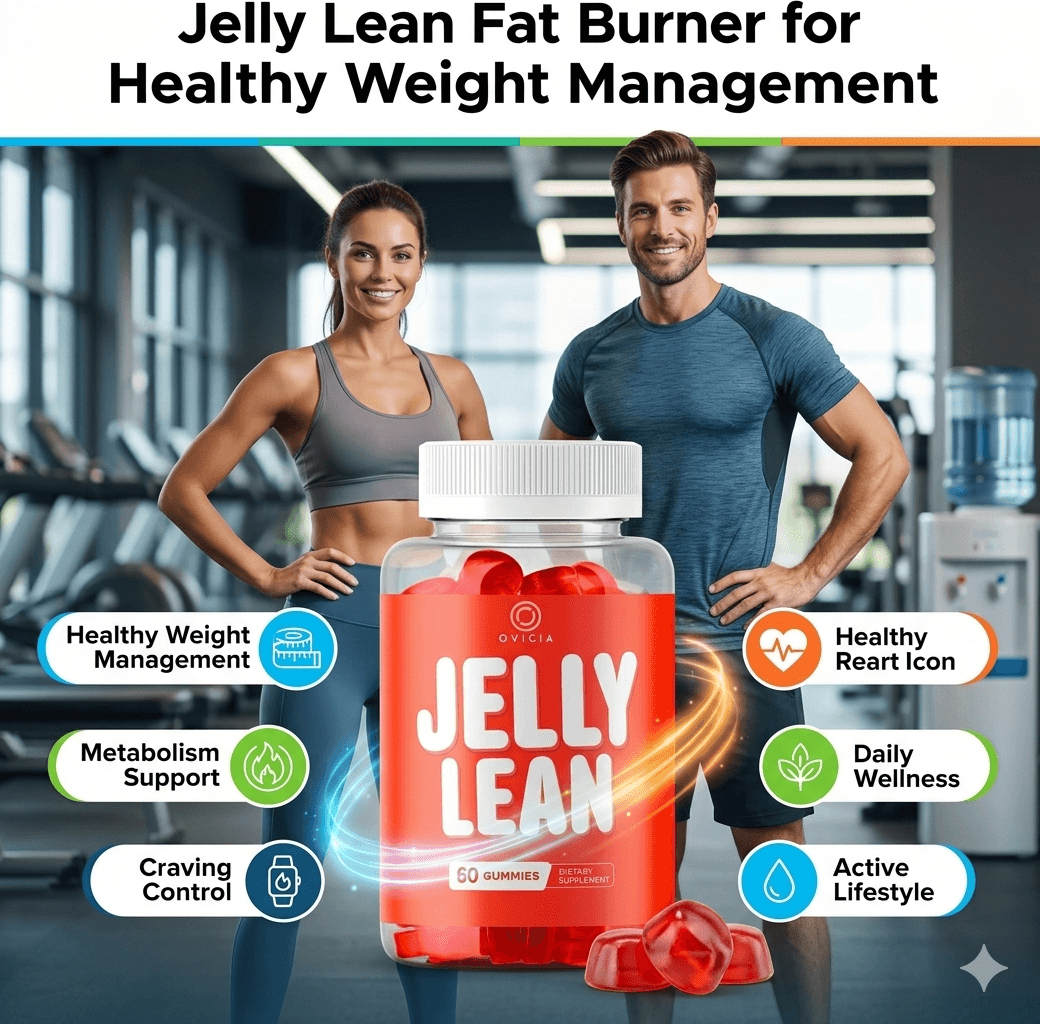 Jelly Lean fat burner gummy bottle featuring a fit couple in a gym setting.