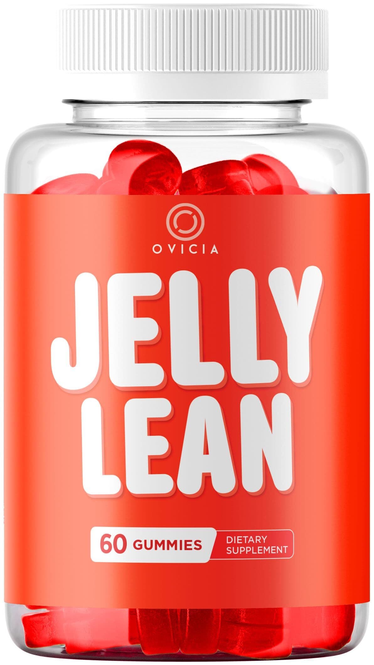 Ovicia Jelly Lean dietary supplement bottle containing sixty red gummies with a white cap.